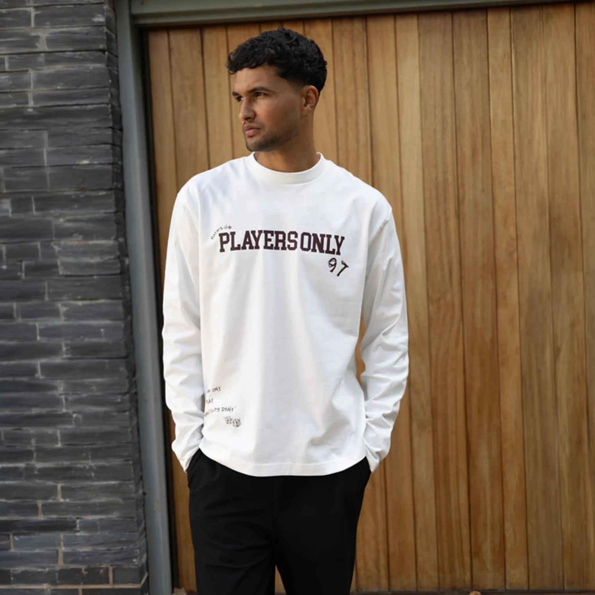 Model view of Players Only Play The Hand You're Dealt Ecru L/S T-Shirt